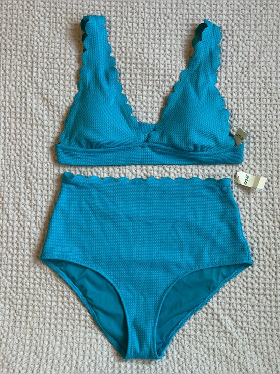aerie Other - Aerie Teal Waffle Knit Scalloped Bikini Set V-Neck High Waisted Swimsuit Size M